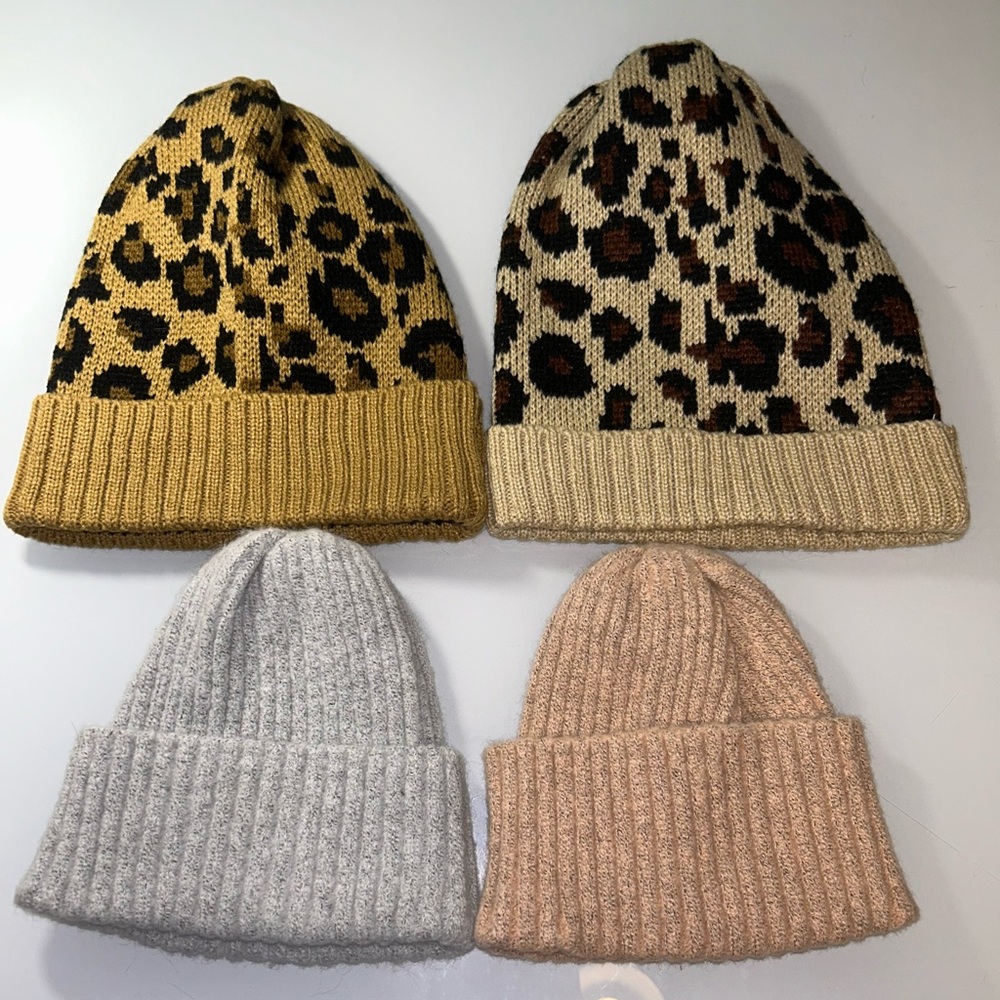 Dolls Kill Leopard & Solid Knit Beanie Set - Mustard, Cream, Gray, Pink
